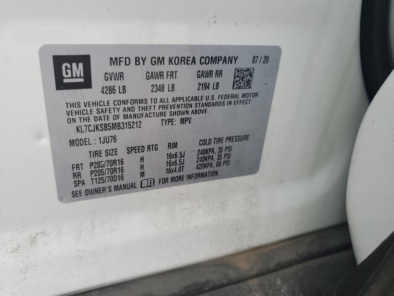 2021 Chevrolet Trax VIN KL7CJKSB5MB315212 Copart auction photo, front end damage thumbnail 12