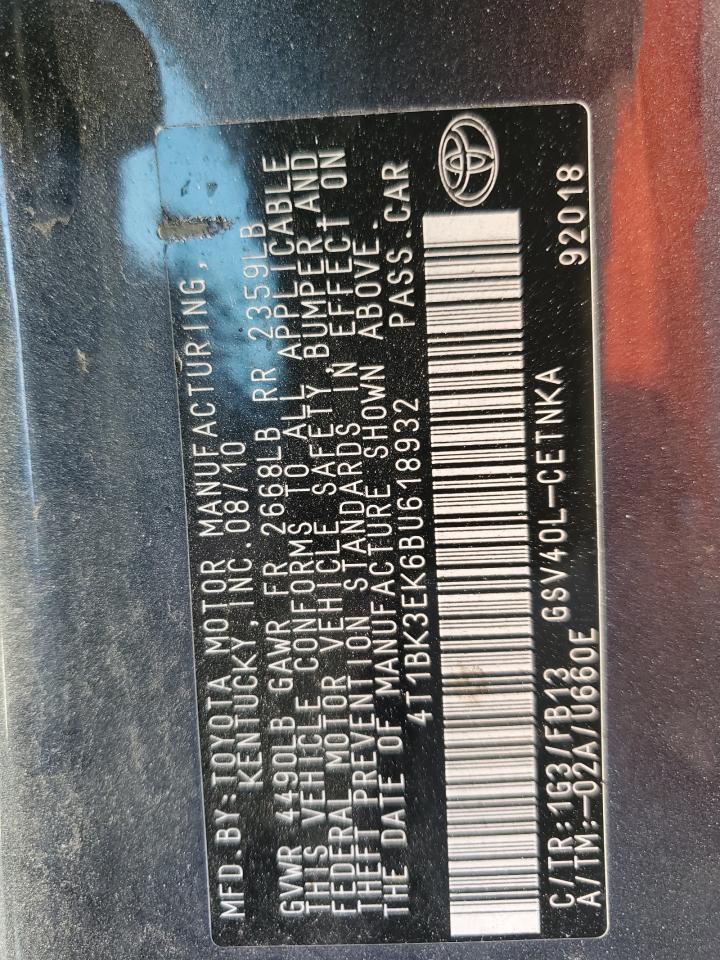 2011 Toyota Camry VIN 4T1BK3EK6BU618932 Copart auction photo, normal wear damage thumbnail 12