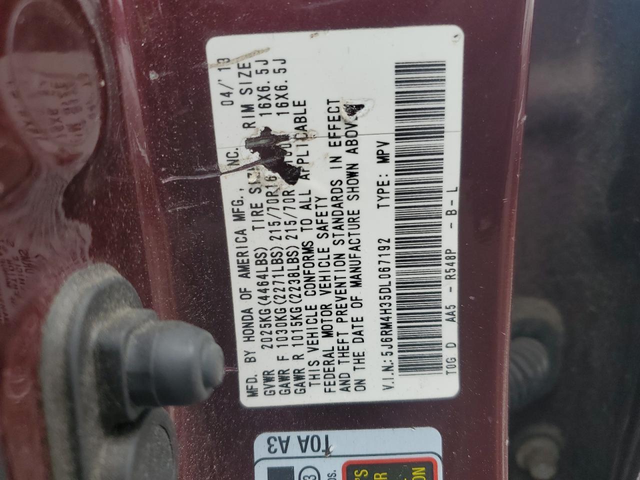 2013 Honda CR-V VIN 5J6RM4H35DL067192 Copart auction photo, front end / side damage thumbnail 13