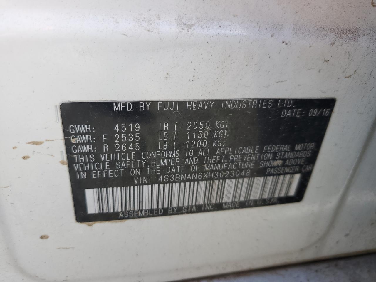 2017 Subaru Legacy VIN 4S3BNAN6XH3023048 Copart auction photo, water/flood damage thumbnail 13