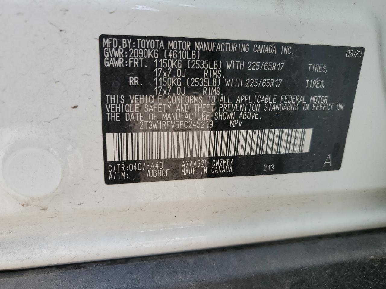 2023 Toyota RAV 4 VIN 2T3W1RFV5PC245219 Copart auction photo, front end damage thumbnail 15