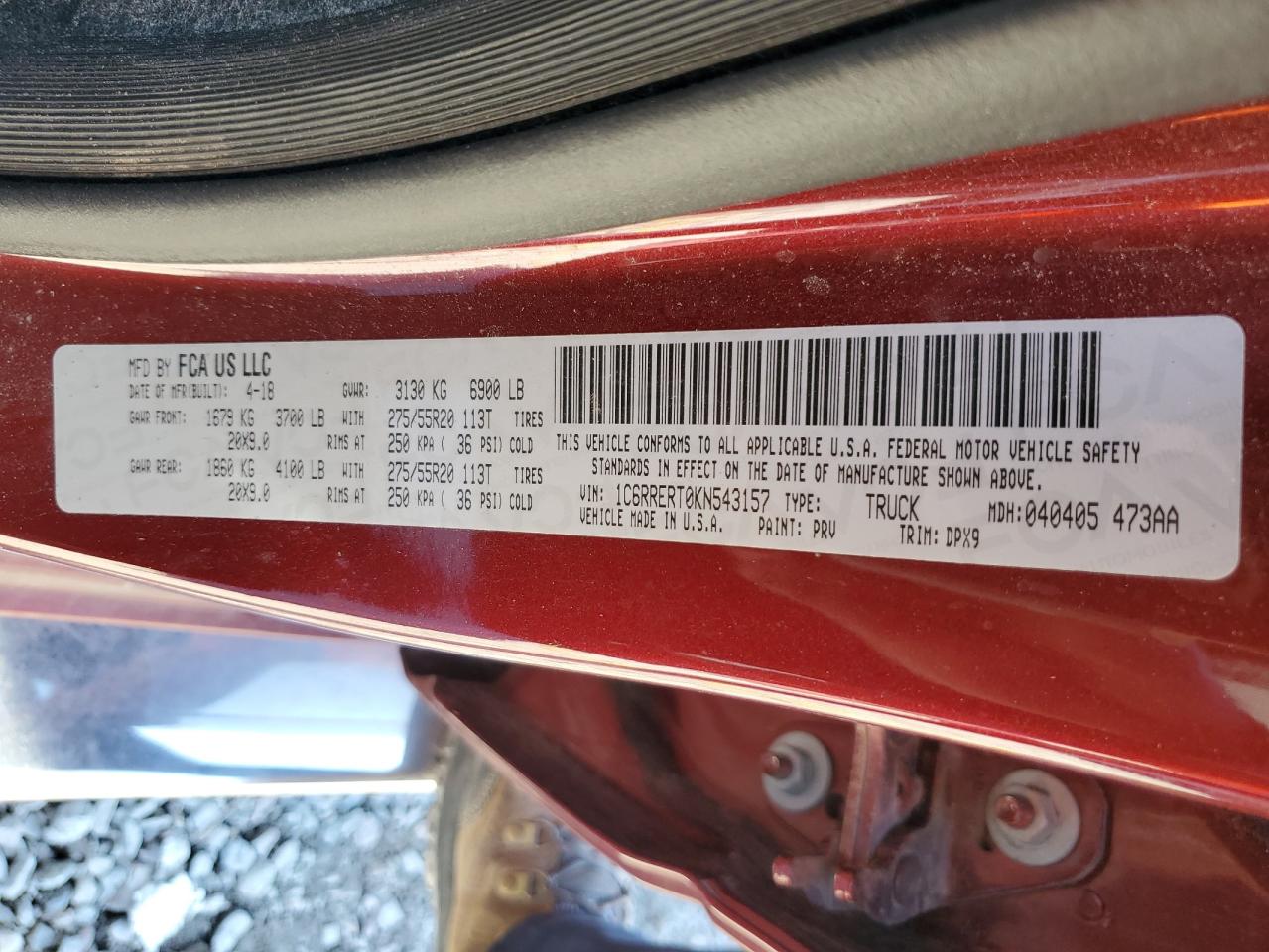 2019 RAM 1500 VIN 1C6RRERT0KN543157 Copart auction photo, all over damage thumbnail 12