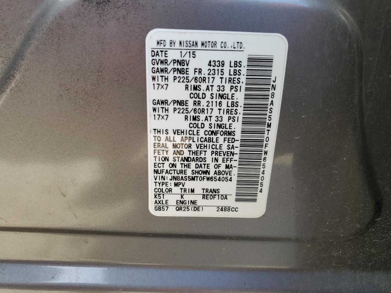 2015 Nissan Rogue VIN JN8AS5MT0FW654054 Copart auction photo, front end / minor dent/scratches damage thumbnail 14