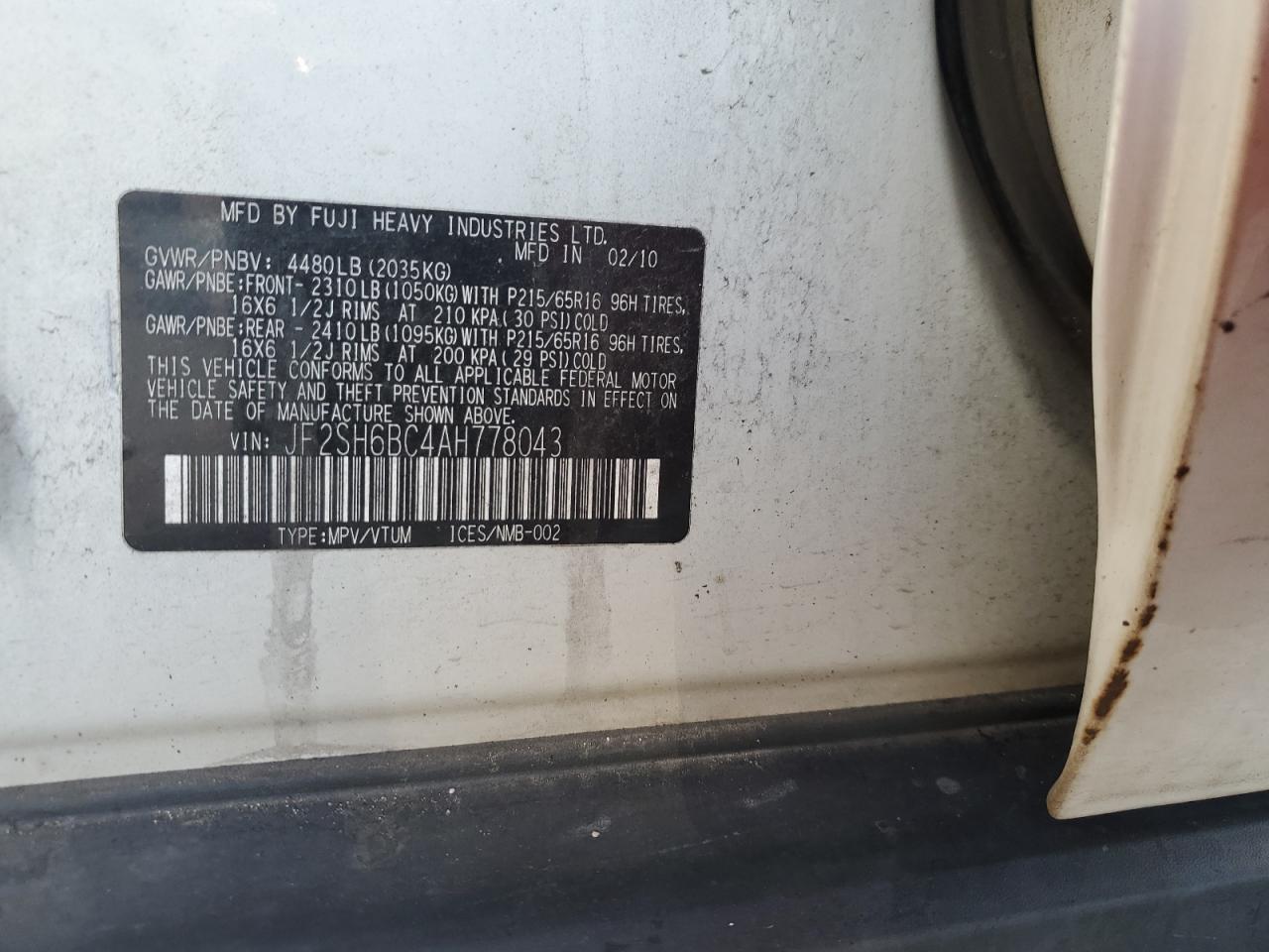 2010 Subaru Forester VIN JF2SH6BC4AH778043 Copart auction photo, rear end damage thumbnail 12