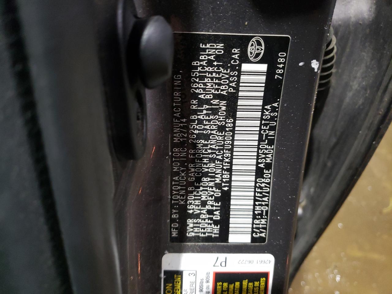2015 Toyota Camry VIN 4T1BF1FK9FU900186 Copart auction photo, rear end damage thumbnail 12
