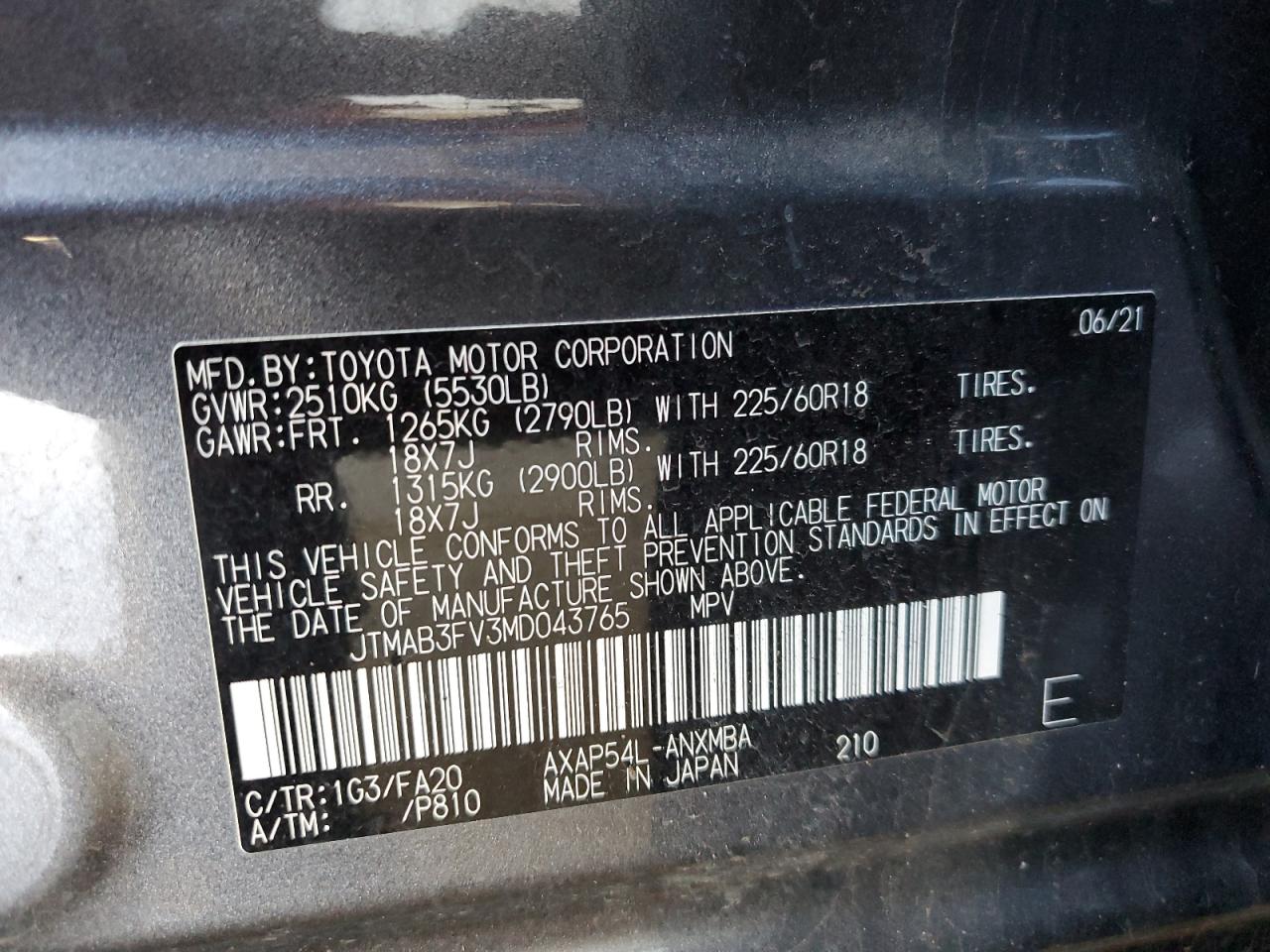 2021 Toyota RAV 4 VIN JTMAB3FV3MD043765 Copart auction photo, rear end damage thumbnail 14