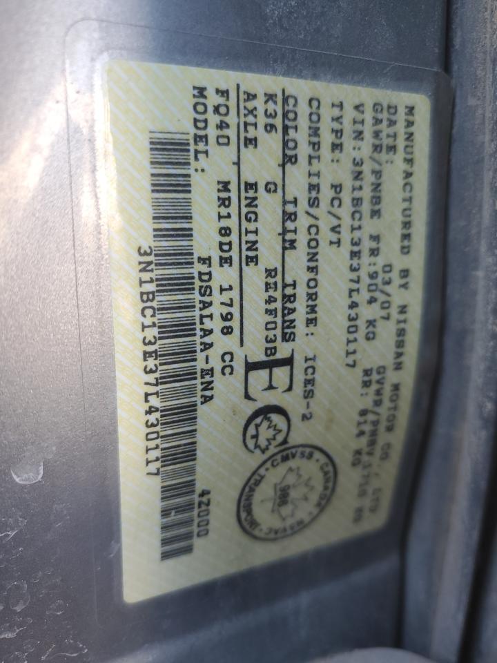 2007 Nissan Versa VIN 3N1BC13E37L430117 Copart auction photo, rear end / top/roof damage thumbnail 12