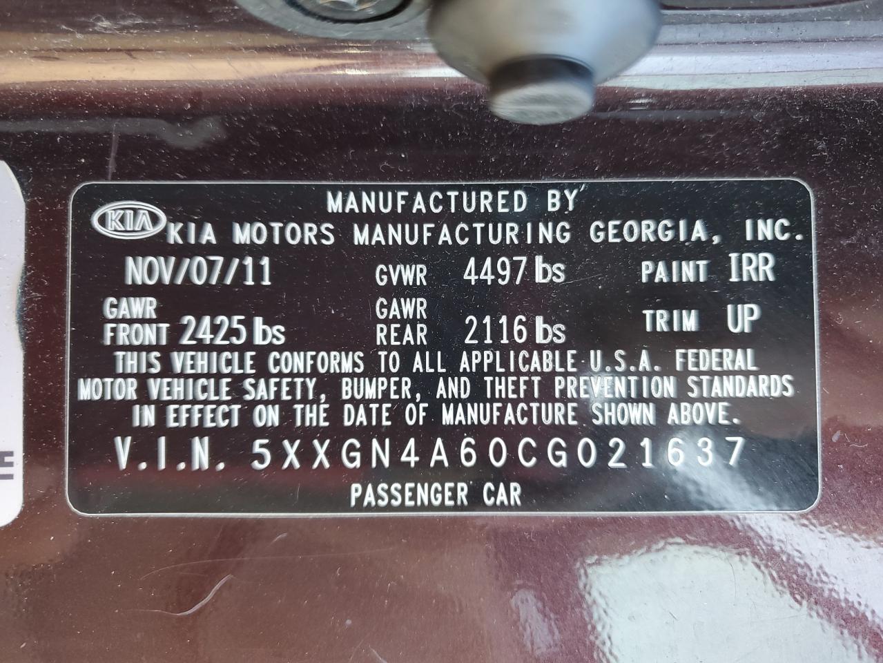 2012 KIA Optima VIN 5XXGN4A60CG021637 Copart auction photo, minor dent/scratches damage thumbnail 12