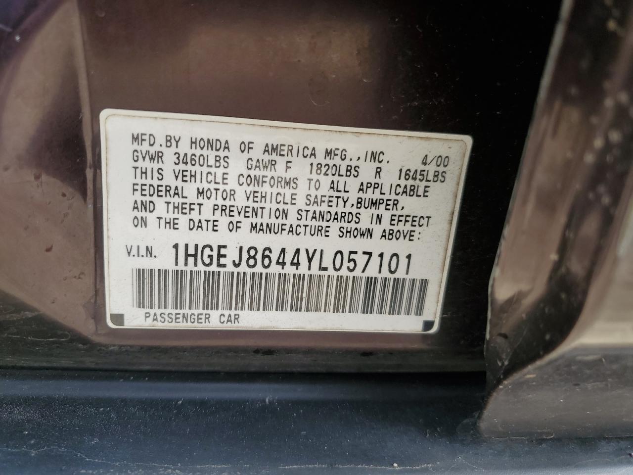 2000 Honda Civic VIN 1HGEJ8644YL057101 Copart auction photo, front end / mechanical damage thumbnail 15