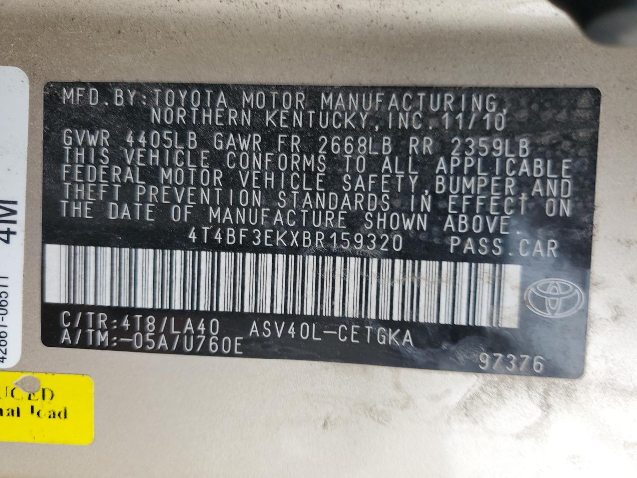 2011 Toyota Camry VIN 4T4BF3EKXBR159320 Copart auction photo, all over damage thumbnail 12