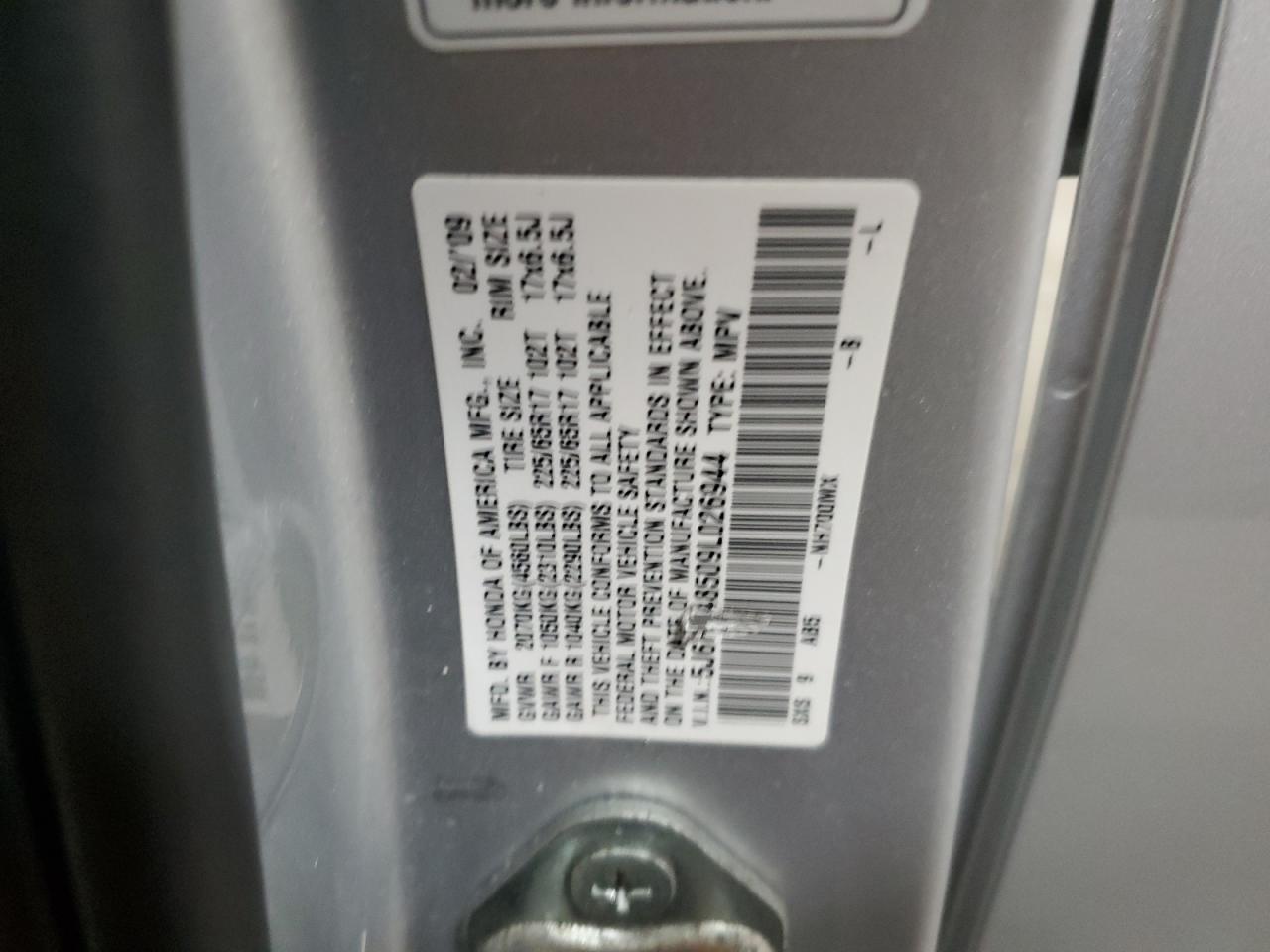 2009 Honda CR-V VIN 5J6RE48509L026944 Copart auction photo, rear end / minor dent/scratches damage thumbnail 13