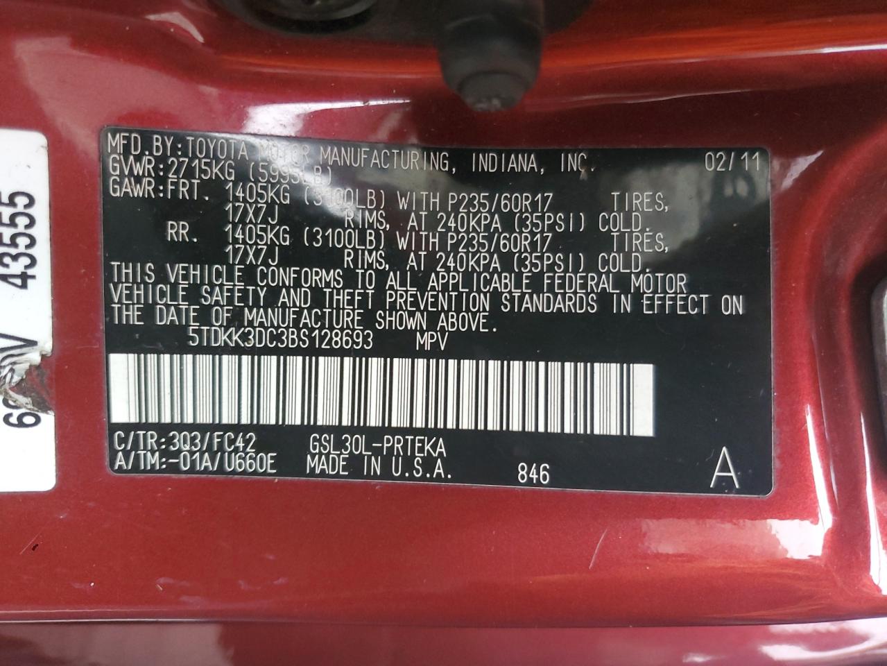2011 Toyota Sienna VIN 5TDKK3DC3BS128693 Copart auction photo, rear end damage thumbnail 13
