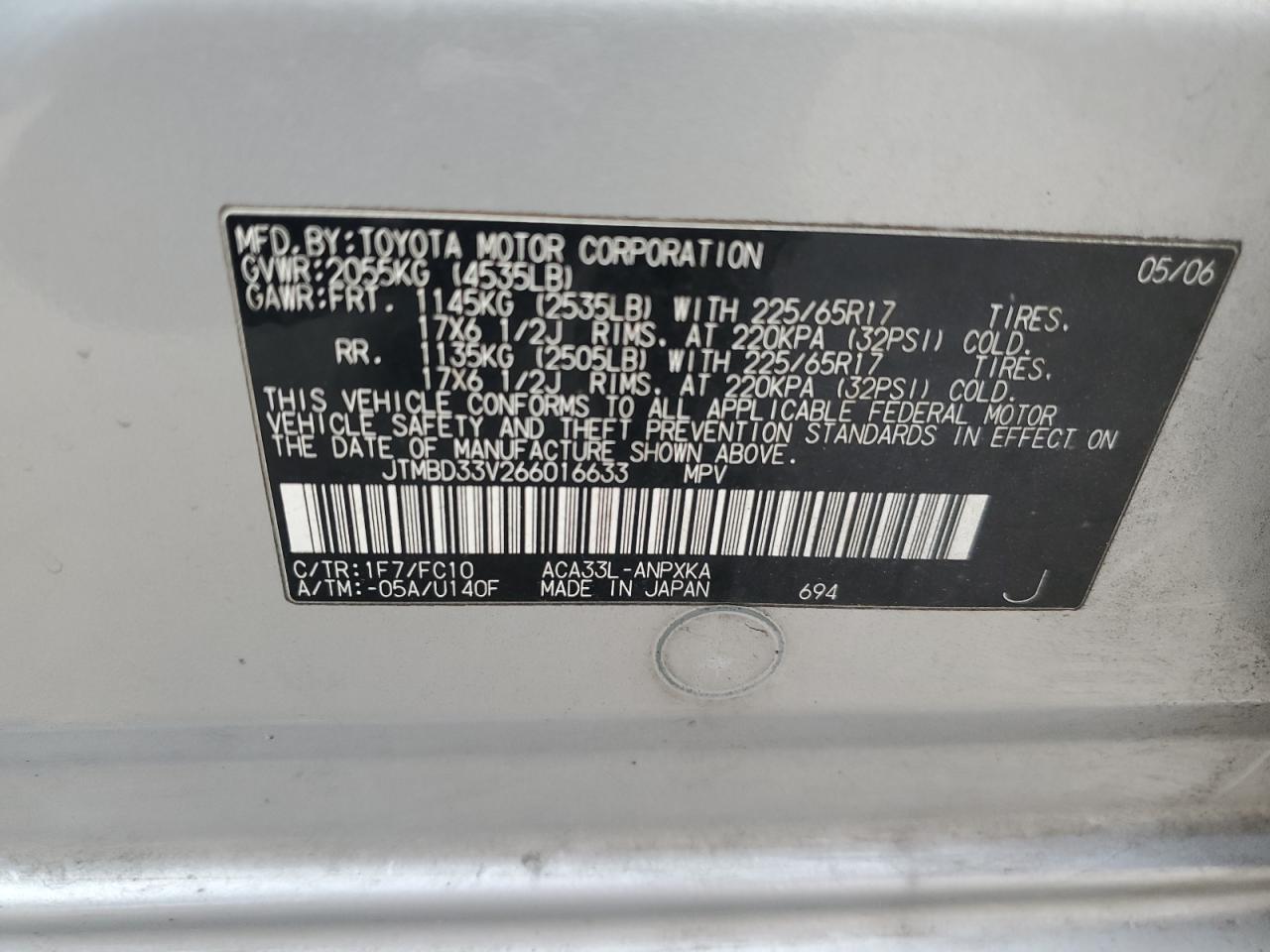 2006 Toyota RAV 4 VIN JTMBD33V266016633 Copart auction photo, rear end damage thumbnail 13