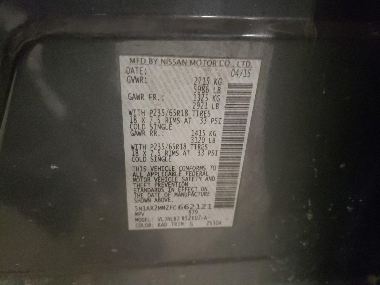 2015 Nissan Pathfinder VIN 5N1AR2MM2FC662121 Copart auction photo, front end / rear end damage thumbnail 13