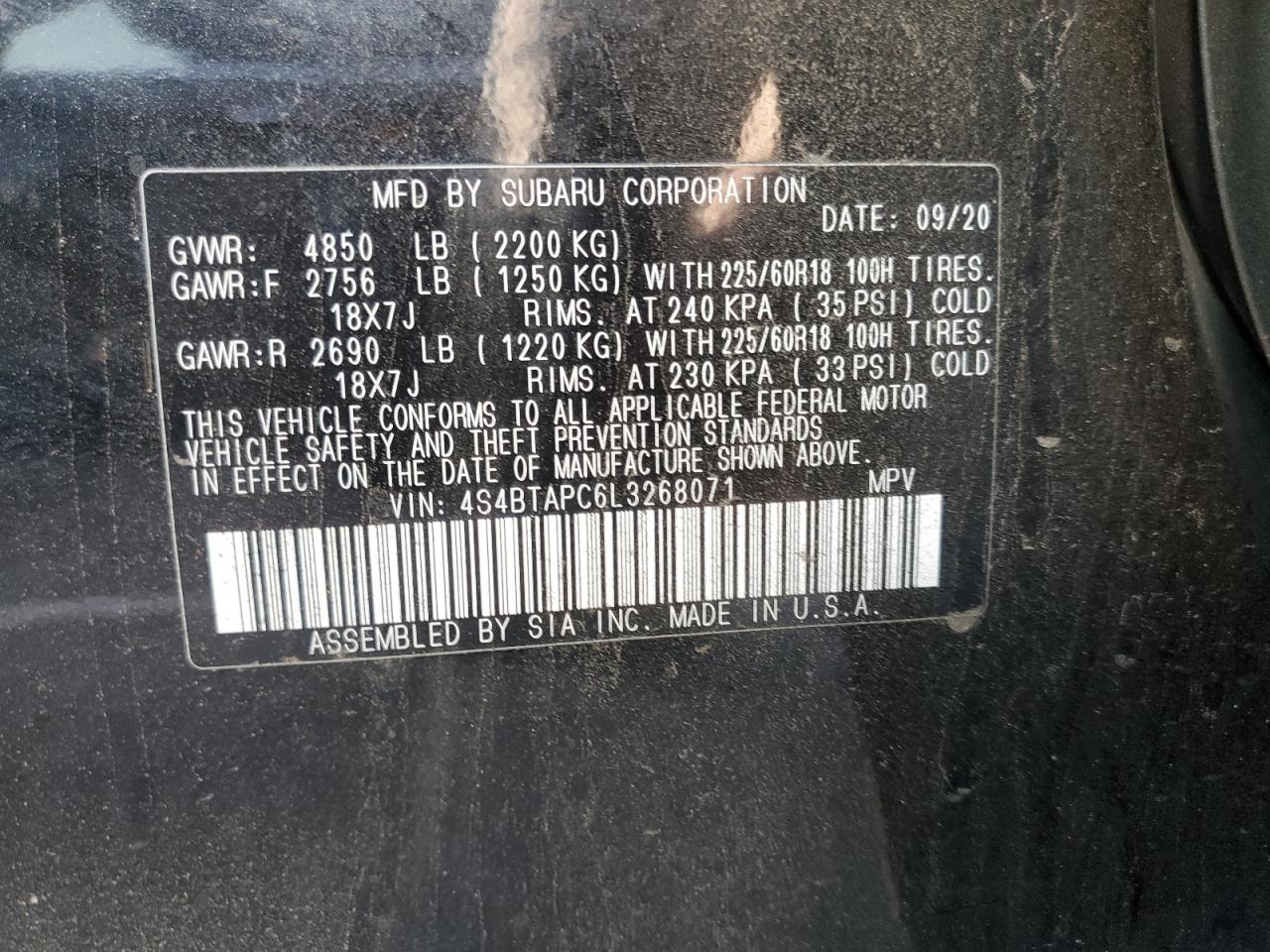 2020 Subaru Outback VIN 4S4BTAPC6L3268071 Copart auction photo, all over / mechanical damage thumbnail 13
