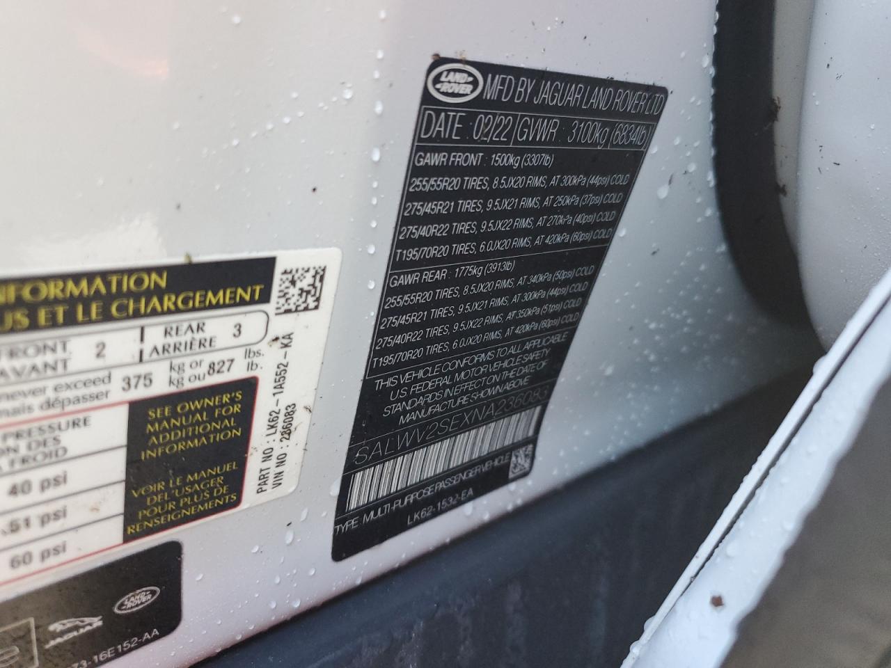 2022 Land Rover Range Rover VIN SALWV2SEXNA236083 Copart auction photo, water/flood damage thumbnail 14