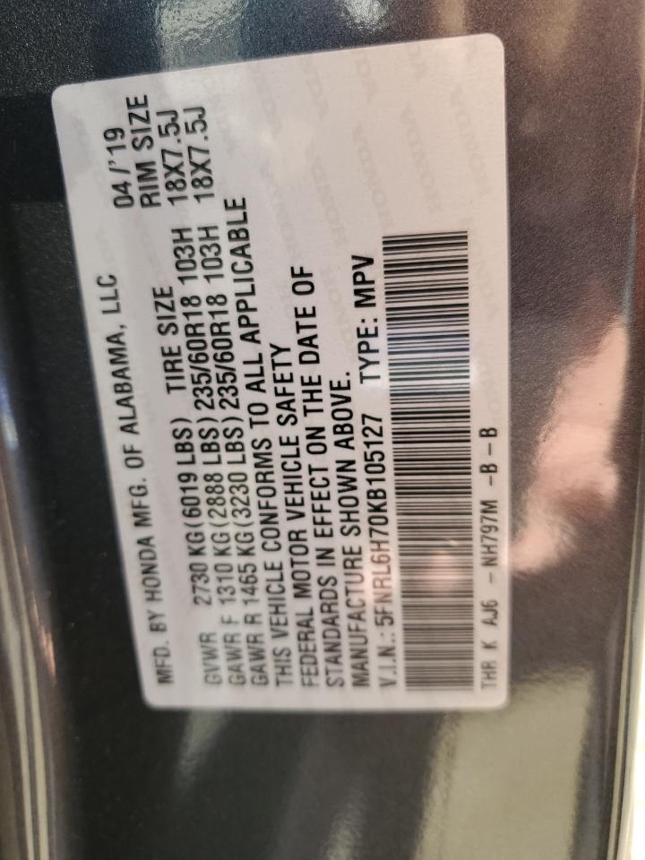 2019 Honda Odyssey VIN 5FNRL6H70KB105127 Copart auction photo, side / front end damage thumbnail 13