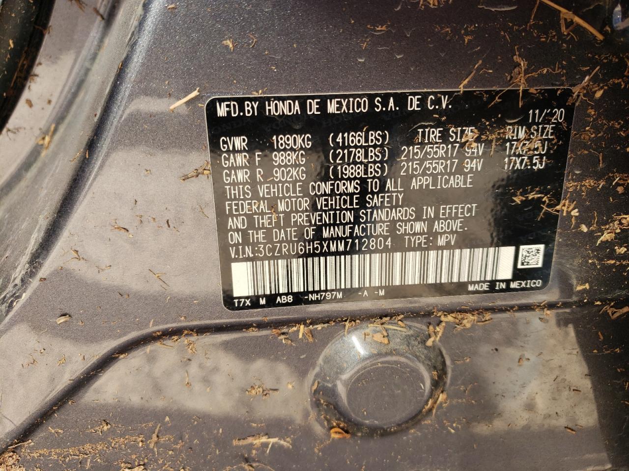 2021 Honda HR-V VIN 3CZRU6H5XMM712804 Copart auction photo, water/flood damage thumbnail 14