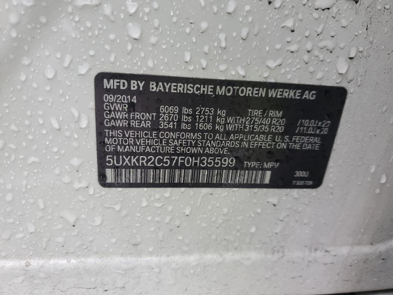 2015 BMW X5 VIN 5UXKR2C57F0H35599 Copart auction photo, front end / minor dent/scratches damage thumbnail 16