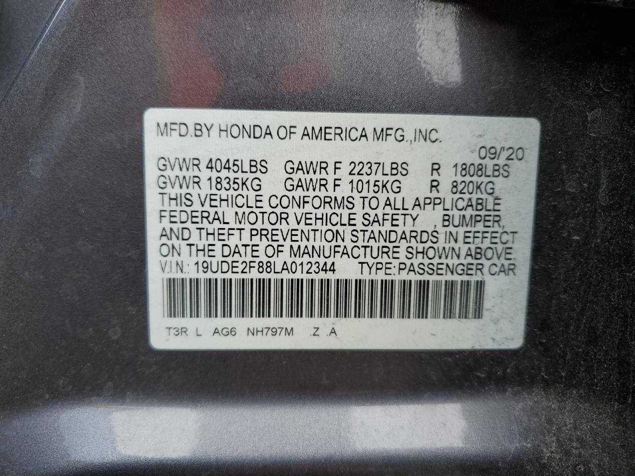 2020 Acura ILX VIN 19UDE2F88LA012344 Copart auction photo, side / rear end damage thumbnail 12