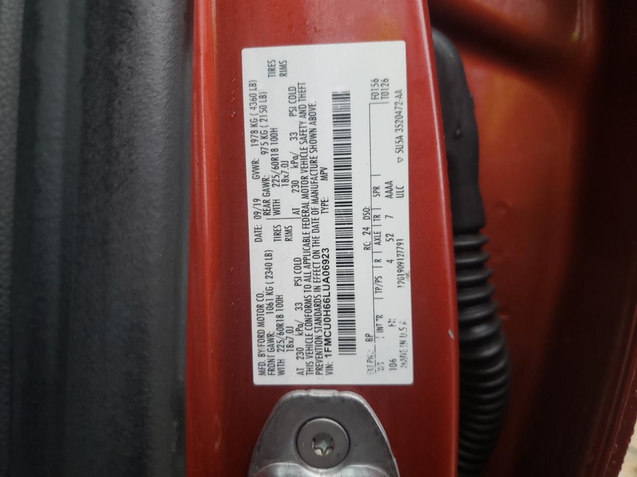 2020 Ford Escape VIN 1FMCU0H66LUA06923 Copart auction photo, front end damage thumbnail 15