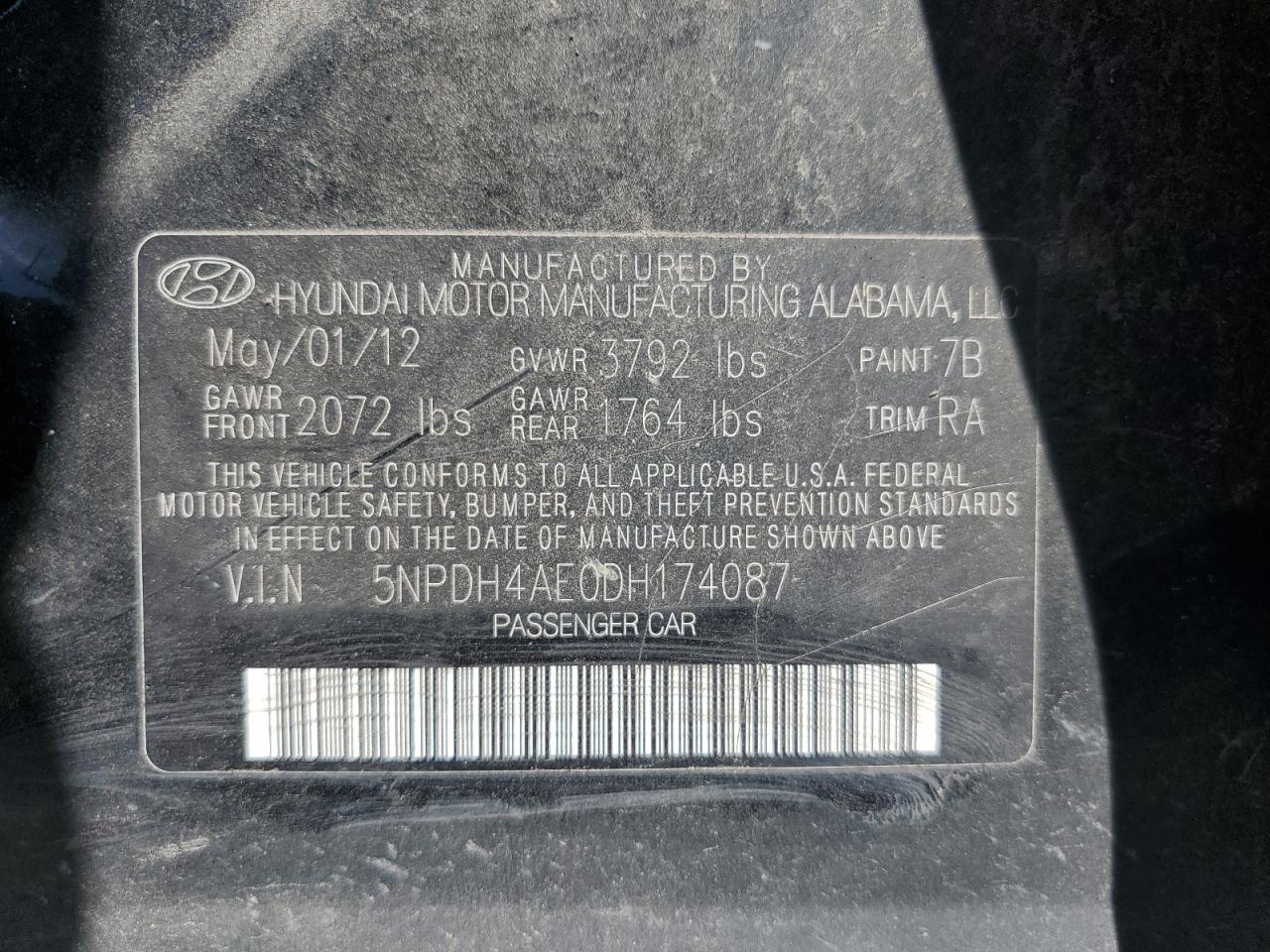 2013 Hyundai Elantra VIN 5NPDH4AE0DH174087 Copart auction photo, side / front end damage thumbnail 12
