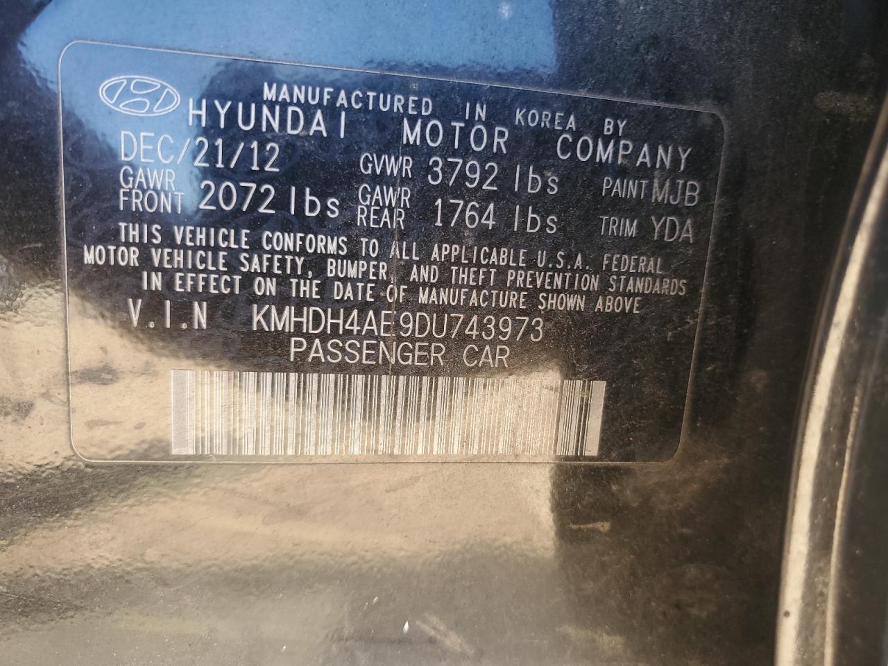 2013 Hyundai Elantra VIN KMHDH4AE9DU743973 Copart auction photo, front end damage thumbnail 15