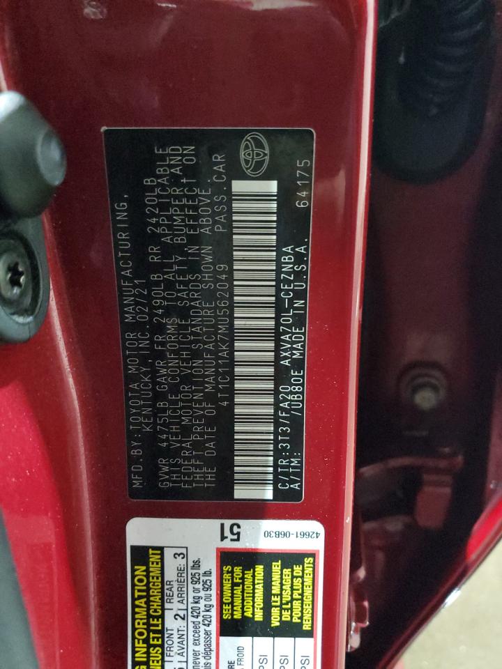2021 Toyota Camry VIN 4T1C11AK7MU562049 Copart auction photo, front end / side damage thumbnail 12