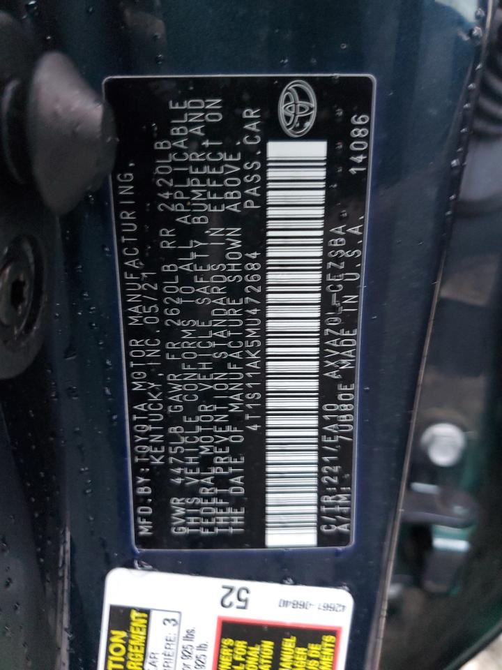 2021 Toyota Camry VIN 4T1S11AK5MU472684 Copart auction photo, front end / rear end damage thumbnail 15