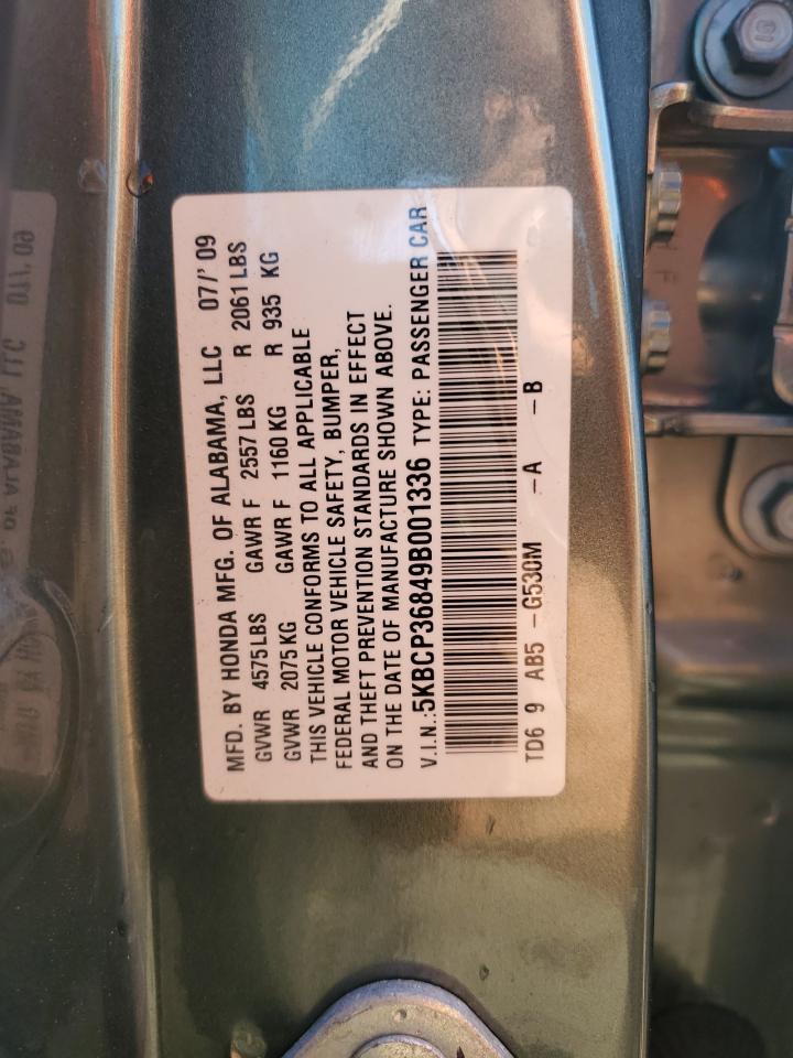2009 Honda Accord VIN 5KBCP36849B001336 Copart auction photo, rear end / hail damage thumbnail 13