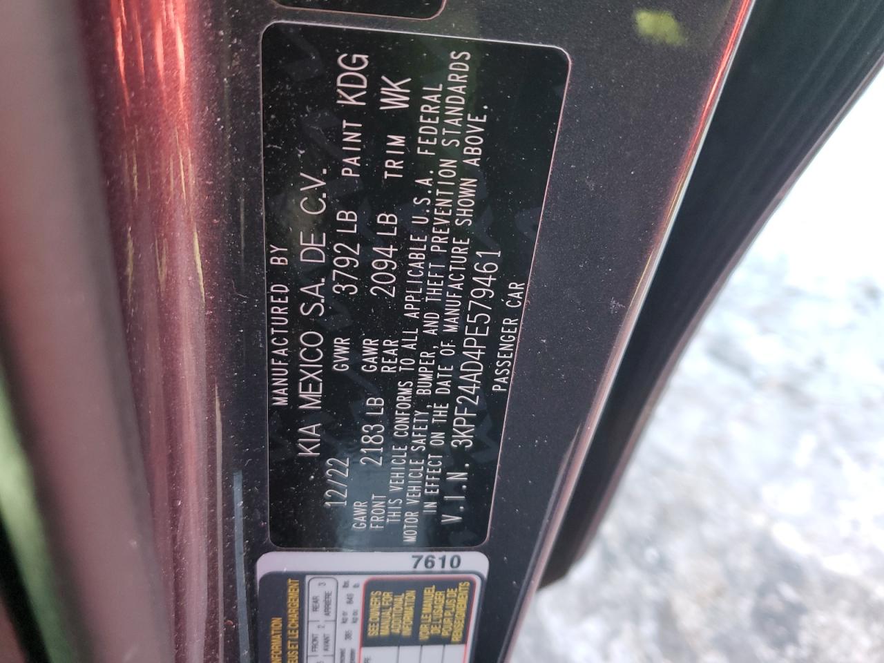2023 KIA Forte VIN 3KPF24AD4PE579461 Copart auction photo, side damage thumbnail 12