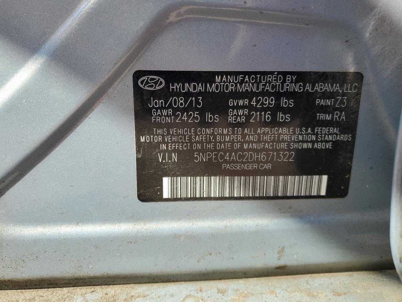 2013 Hyundai Sonata VIN 5NPEC4AC2DH671322 Copart auction photo, front end / top/roof damage thumbnail 12
