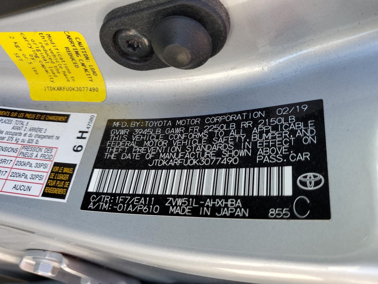 2019 Toyota Prius VIN JTDKARFU0K3077490 Copart auction photo, all over damage thumbnail 12