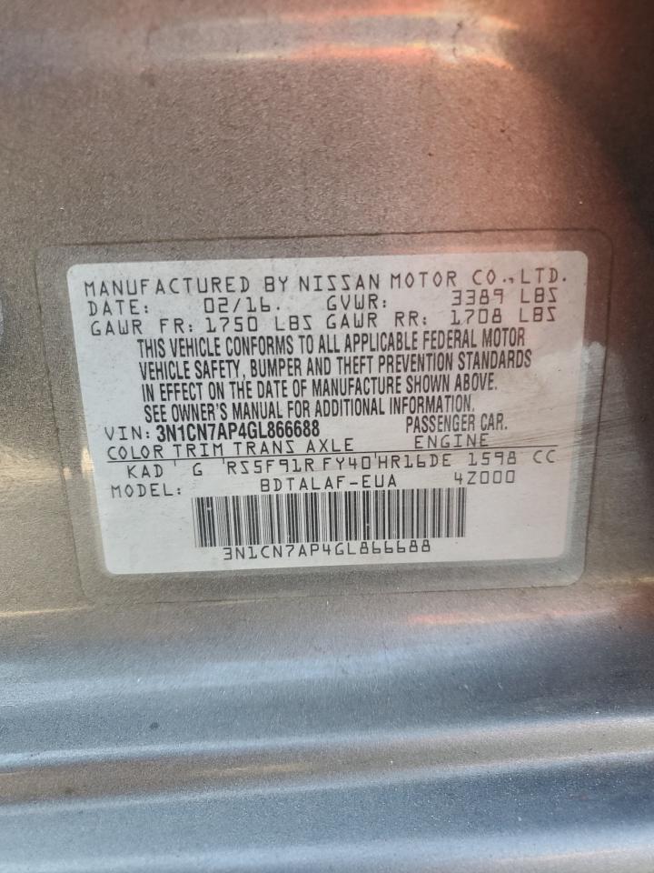 2016 Nissan Versa VIN 3N1CN7AP4GL866688 Copart auction photo, front end damage thumbnail 15