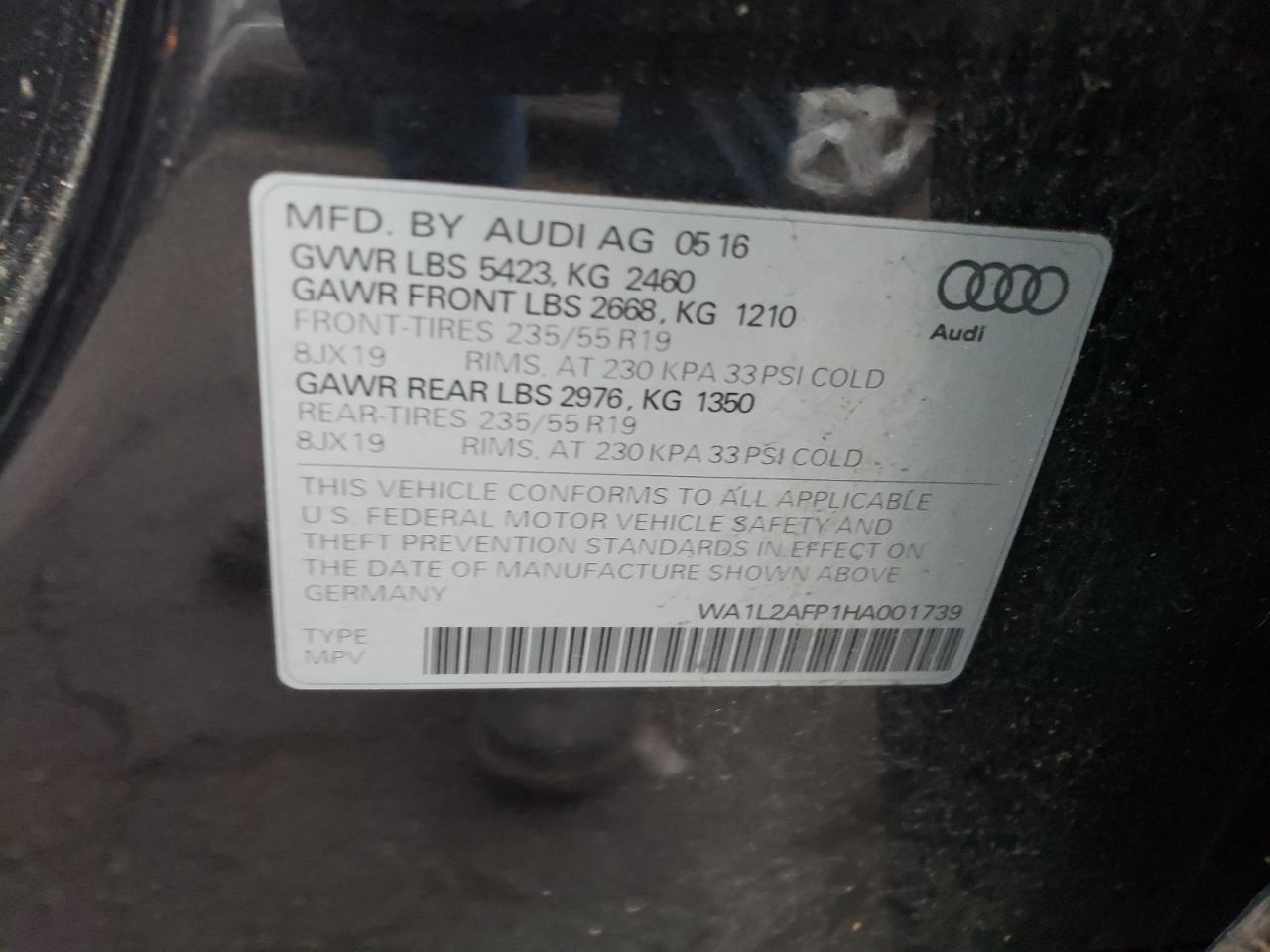 2017 Audi Q5 VIN WA1L2AFP1HA001739 Copart auction photo, rear end damage thumbnail 12
