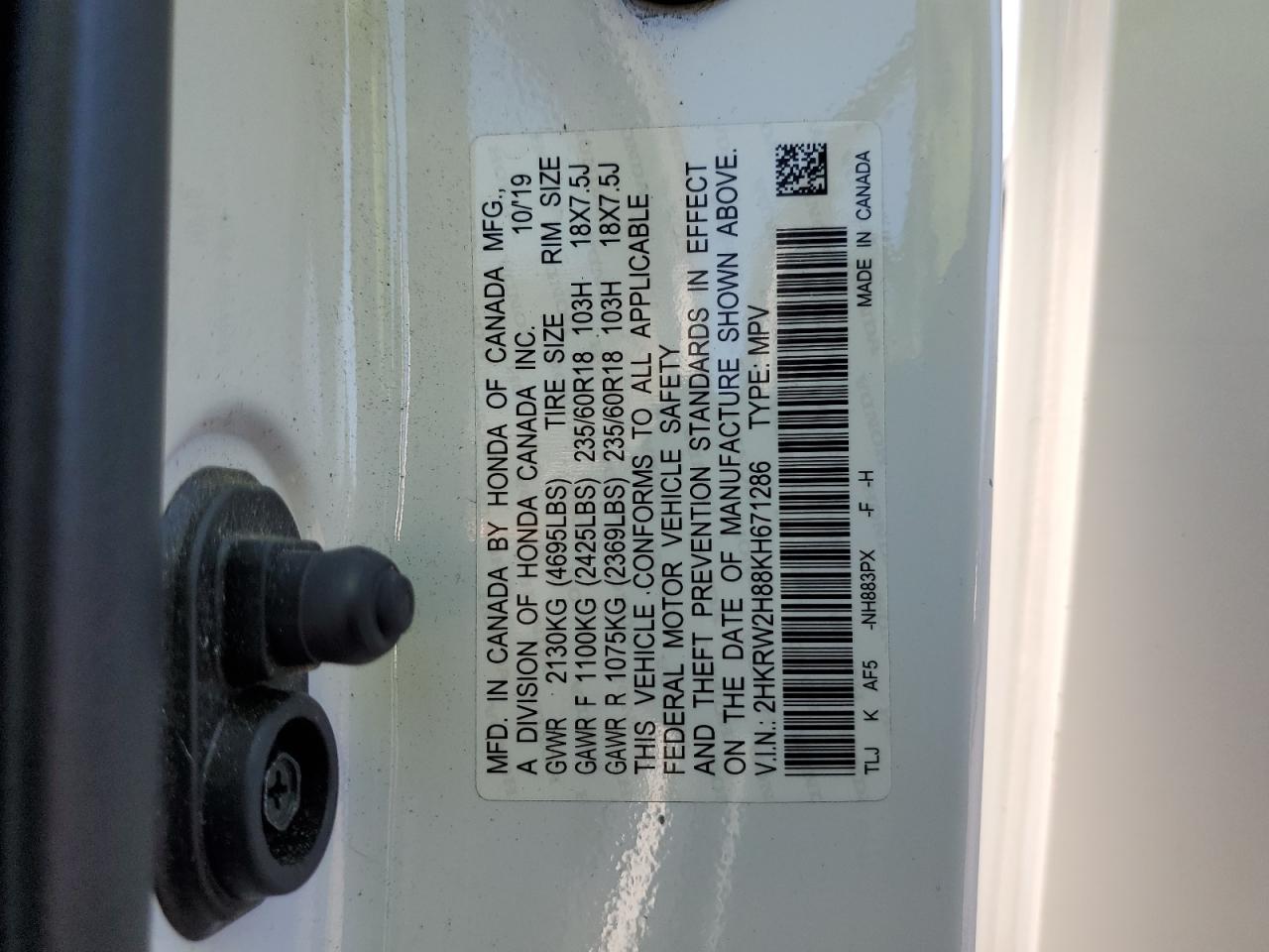 2019 Honda CR-V VIN 2HKRW2H88KH671286 Copart auction photo, side / minor dent/scratches damage thumbnail 15