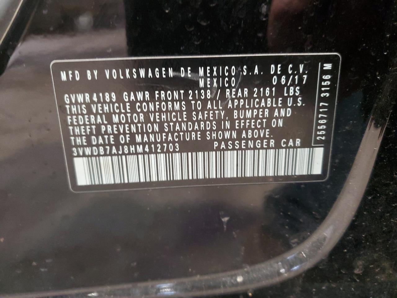 2017 Volkswagen Jetta VIN 3VWDB7AJ8HM412703 Copart auction photo, front end damage thumbnail 14