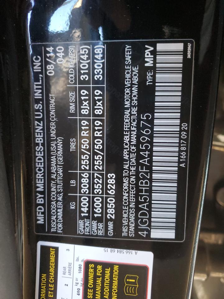2015 Mercedes-Benz M-klasse VIN 4JGDA5HB2FA459675 Copart auction photo, front end damage thumbnail 14