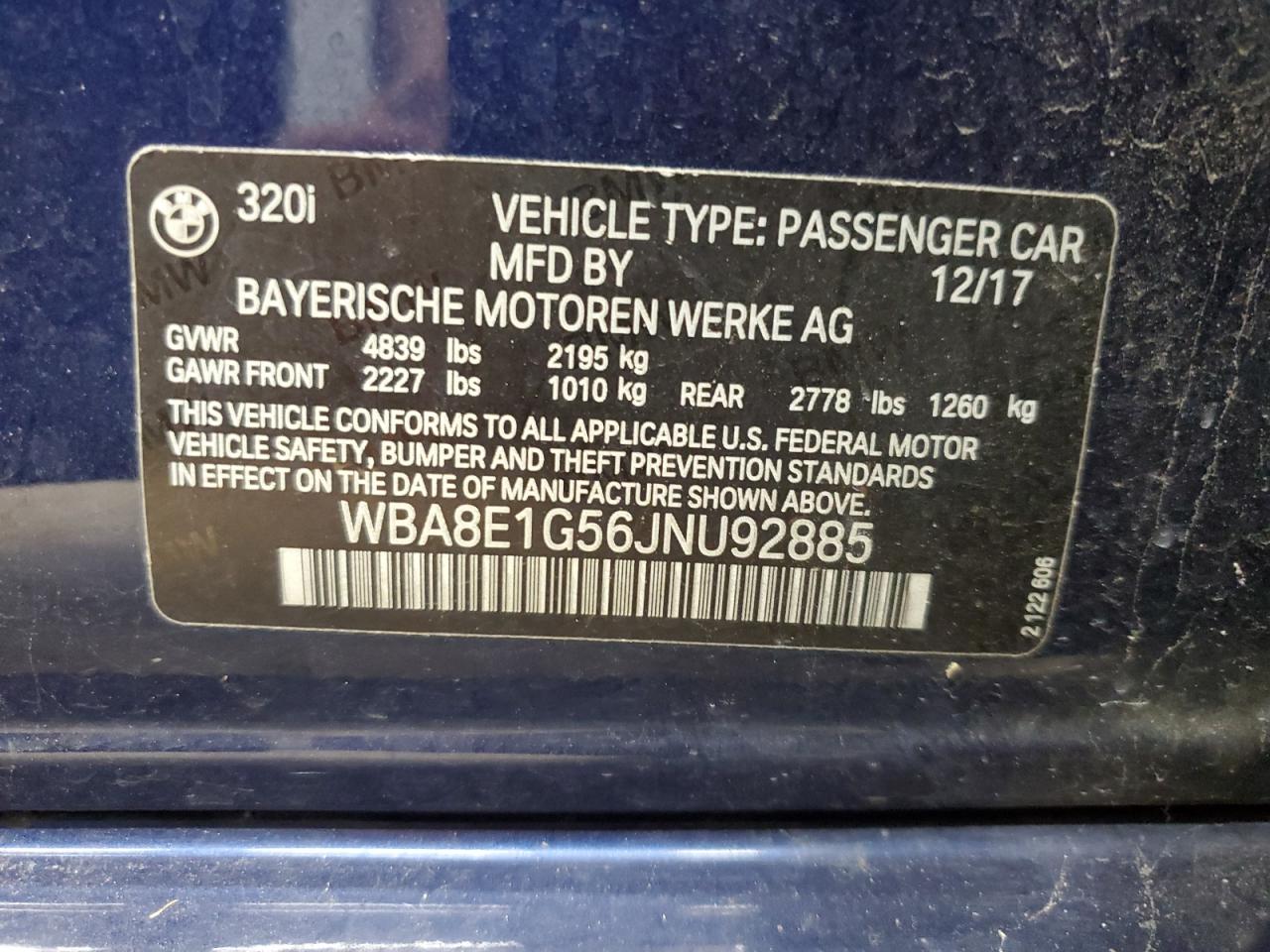 2018 BMW 3er VIN WBA8E1G56JNU92885 Copart auction photo, front end / undercarriage damage thumbnail 13