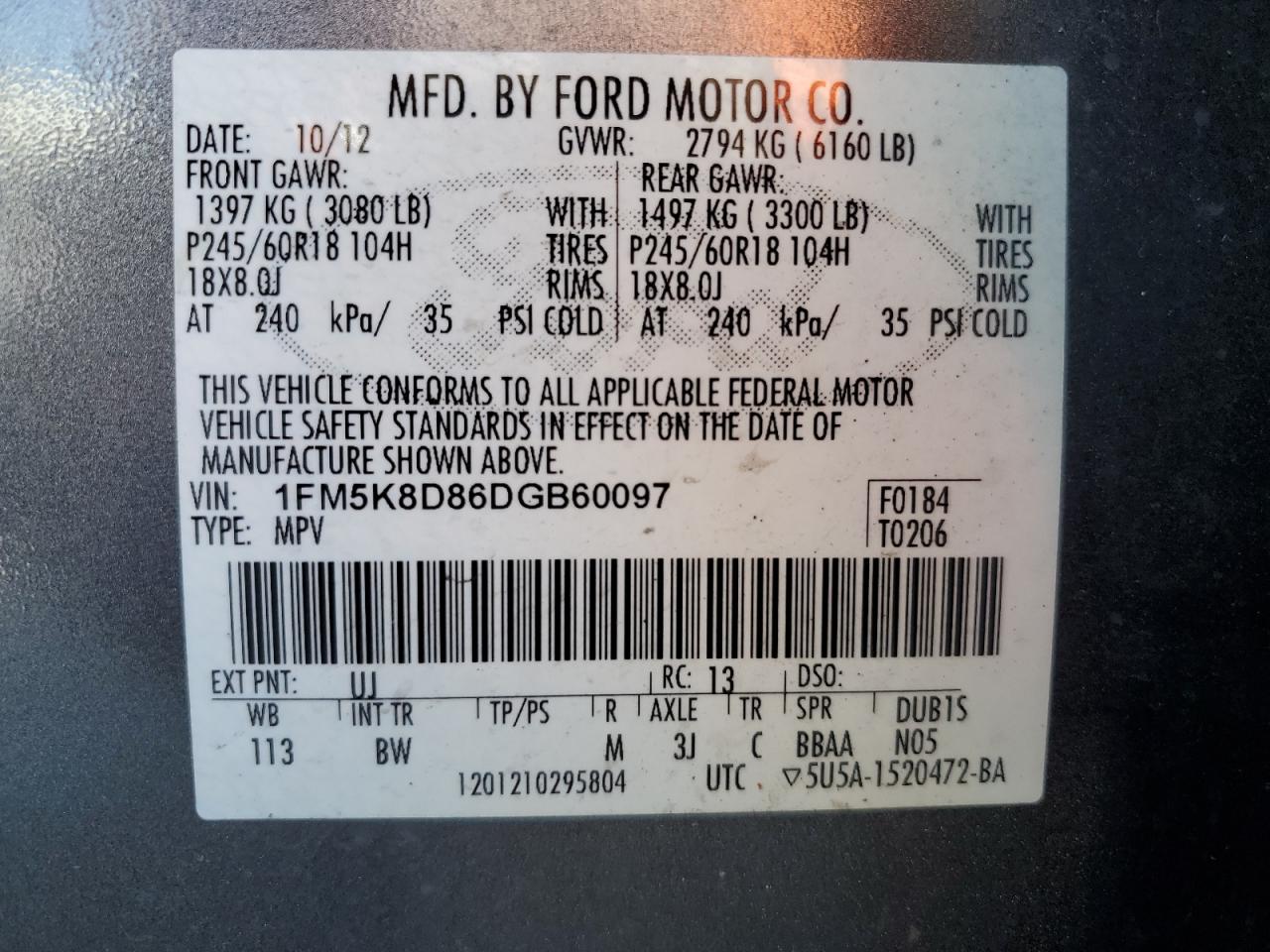 2013 Ford Explorer VIN 1FM5K8D86DGB60097 Copart auction photo, front end / minor dent/scratches damage thumbnail 13