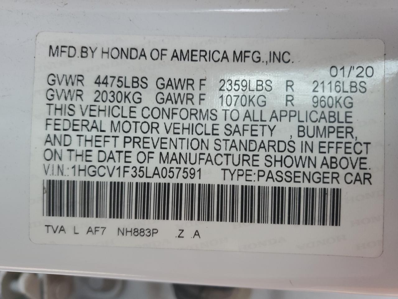 2020 Honda Accord VIN 1HGCV1F35LA057591 Copart auction photo, front end / side damage thumbnail 13