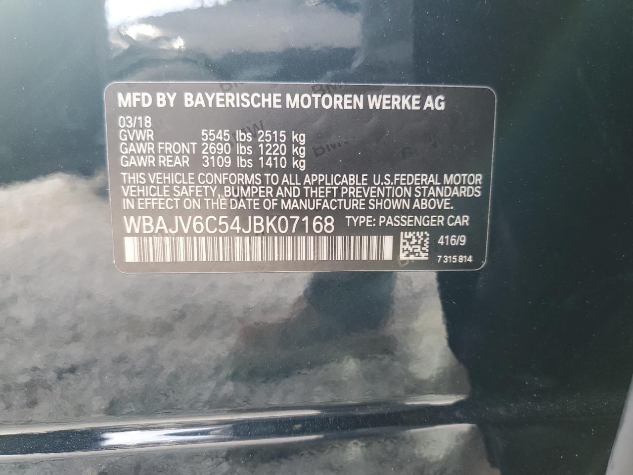 2018 BMW 6er VIN WBAJV6C54JBK07168 Copart auction photo, front end damage thumbnail 13