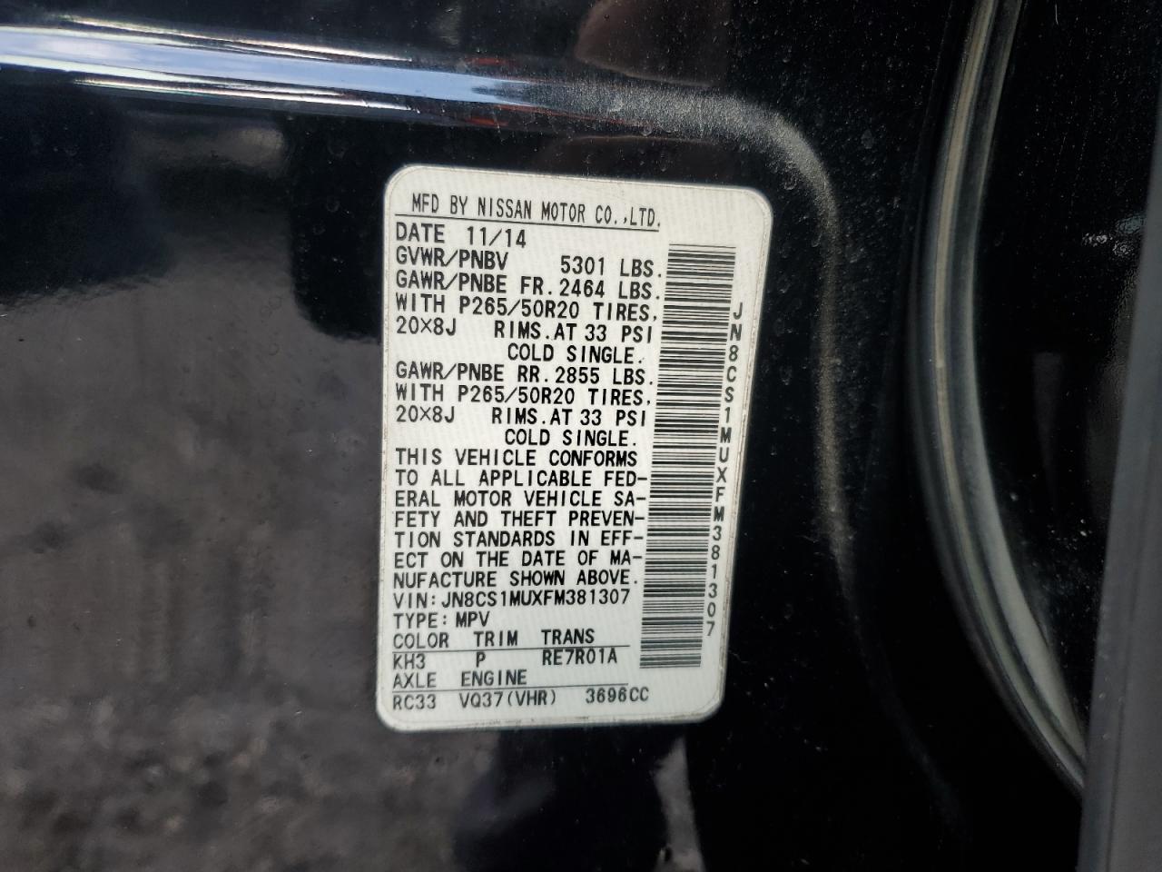 2015 Infiniti QX70 VIN JN8CS1MUXFM381307 Copart auction photo, front end damage thumbnail 13