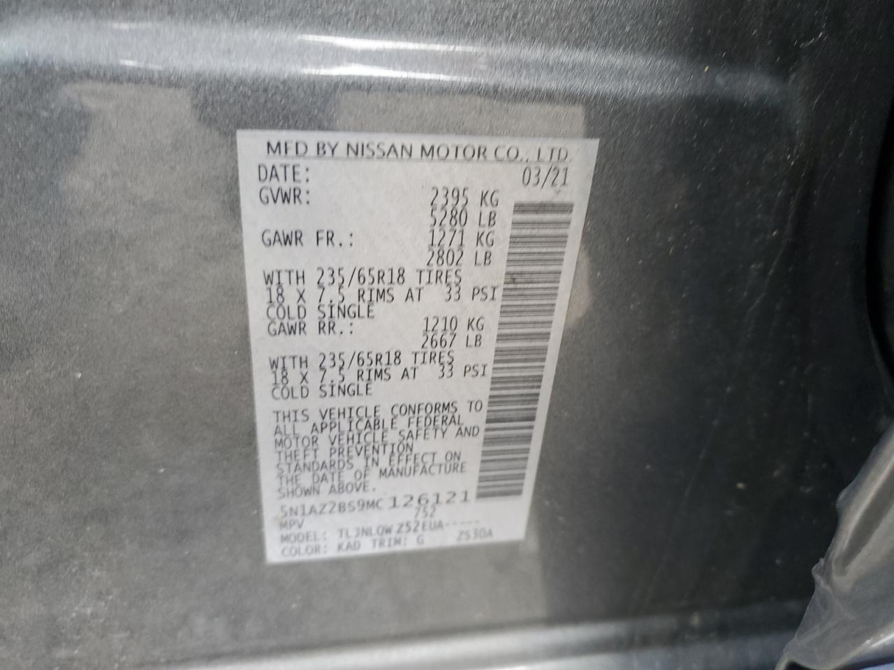 2021 Nissan Murano VIN 5N1AZ2BS9MC126121 Copart auction photo, side damage thumbnail 13