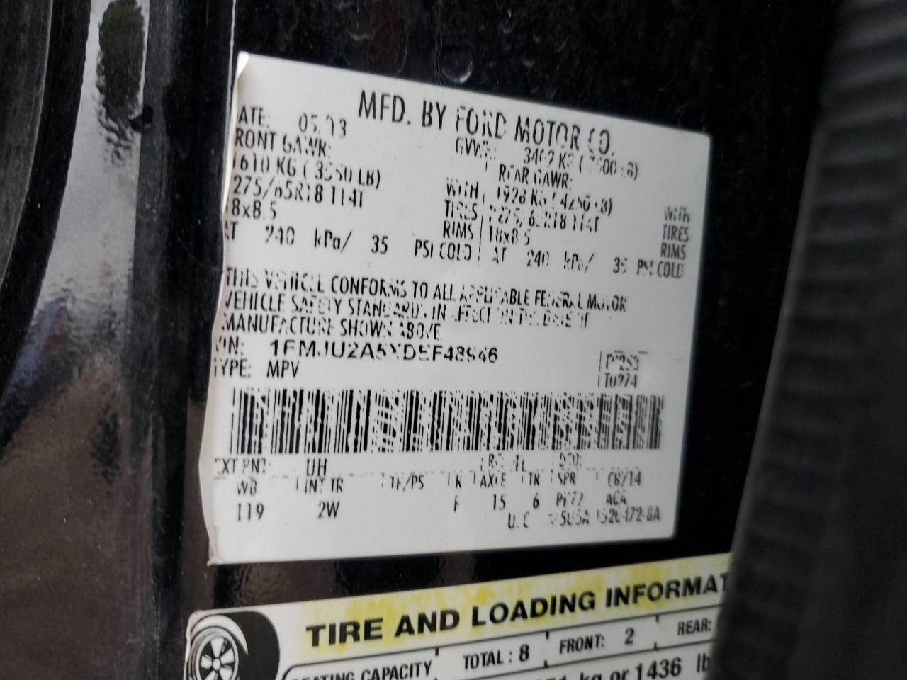 2013 Ford Expedition VIN 1FMJU2A5XDEF48946 Copart auction photo, front end / side damage thumbnail 13