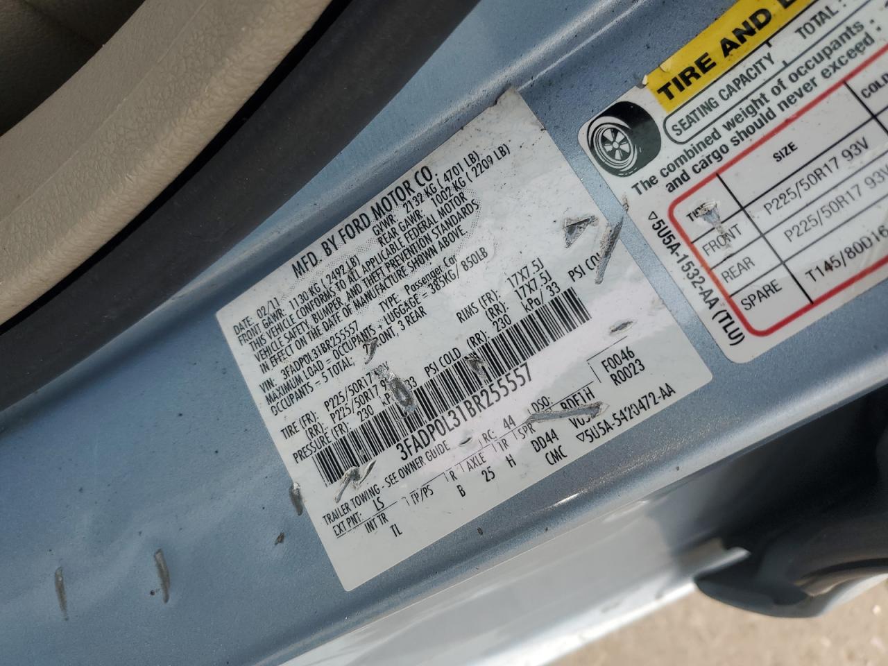 2011 Ford Fusion VIN 3FADP0L31BR255557 Copart auction photo, front end / minor dent/scratches damage thumbnail 14