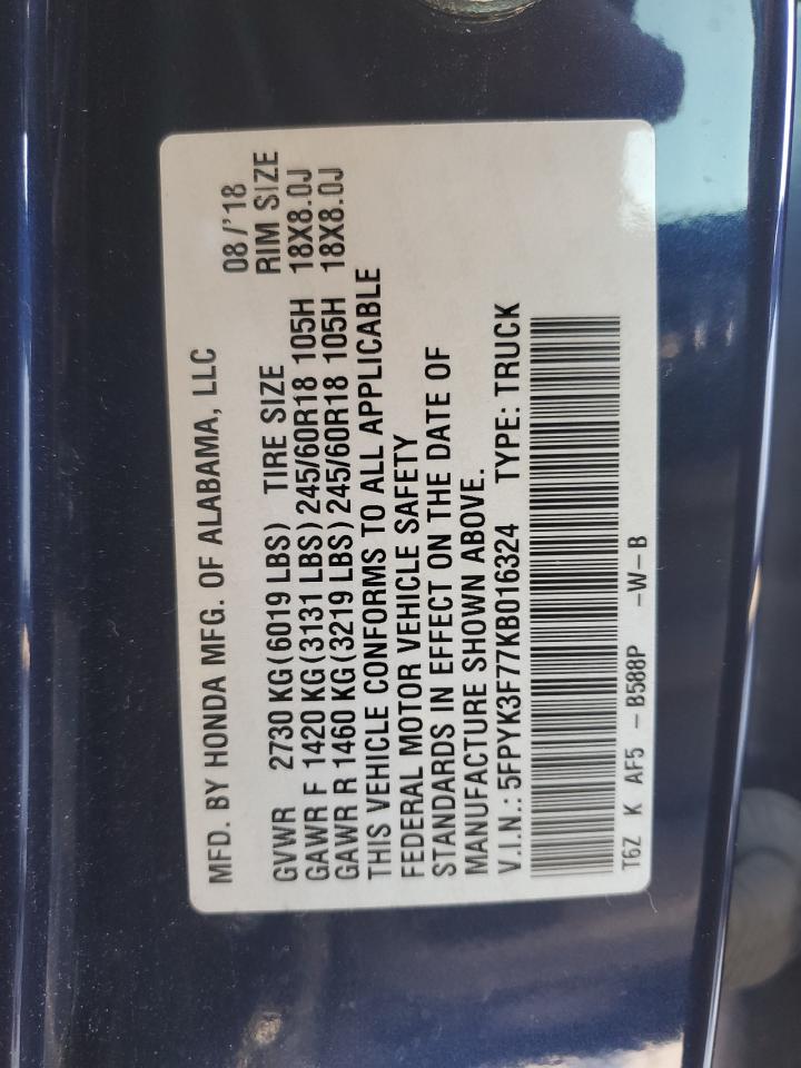 2019 Honda Ridgeline VIN 5FPYK3F77KB016324 Copart auction photo, side damage thumbnail 14