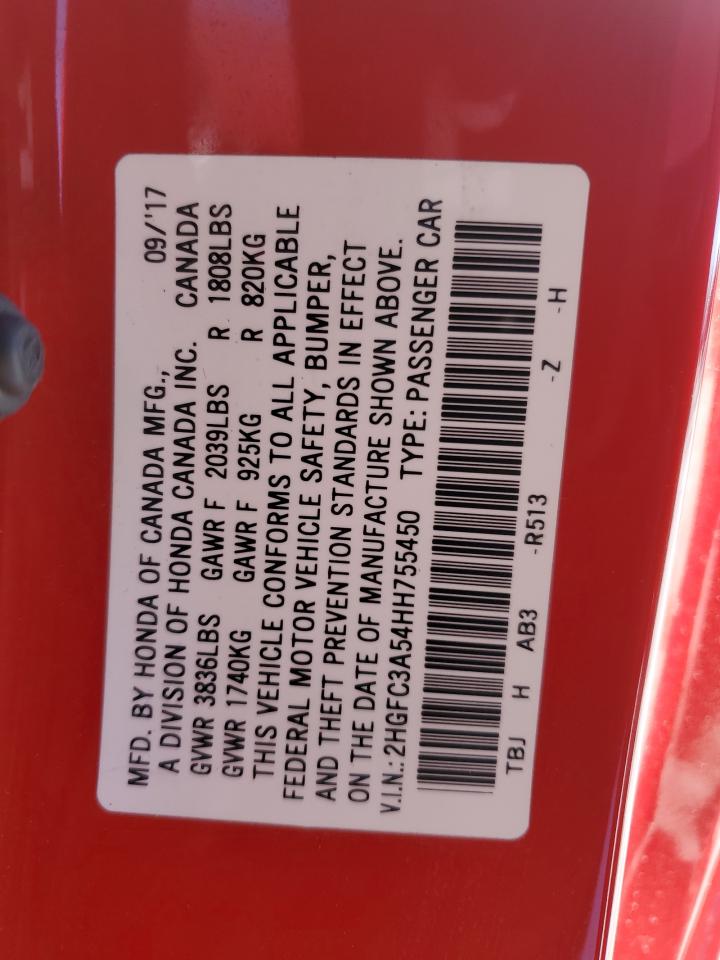2017 Honda Civic VIN 2HGFC3A54HH755450 Copart auction photo, front end / minor dent/scratches damage thumbnail 15