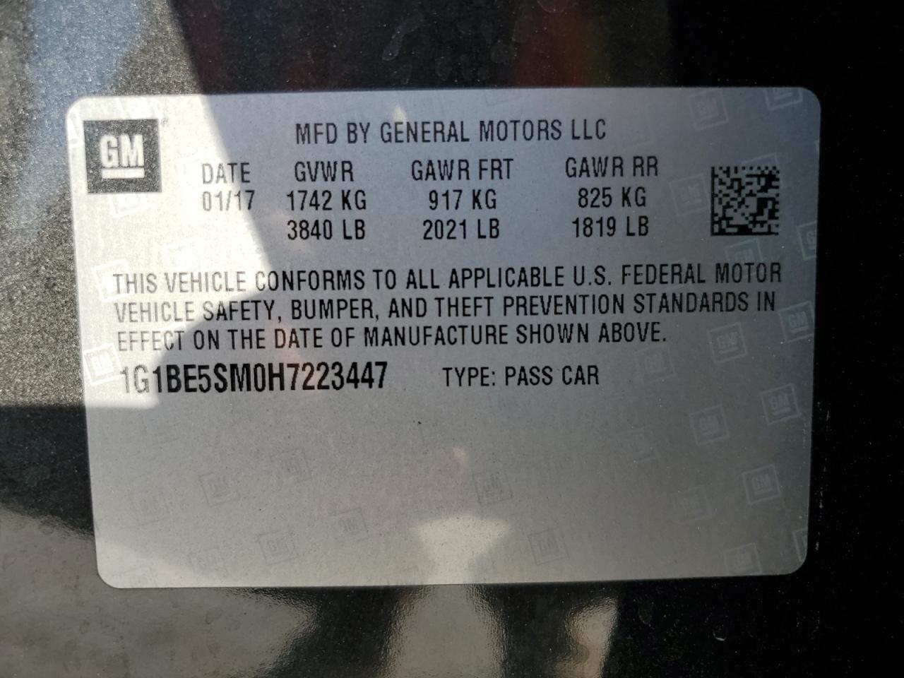 2017 Chevrolet Cruze VIN 1G1BE5SM0H7223447 Copart auction photo, front end / minor dent/scratches damage thumbnail 14