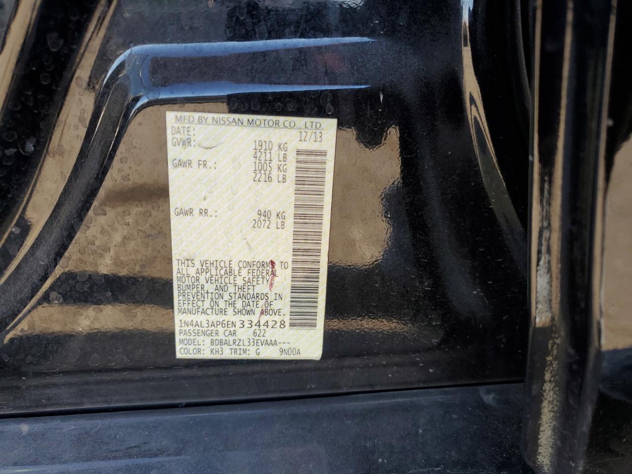 2014 Nissan Altima VIN 1N4AL3AP6EN334428 Copart auction photo, front end damage thumbnail 15